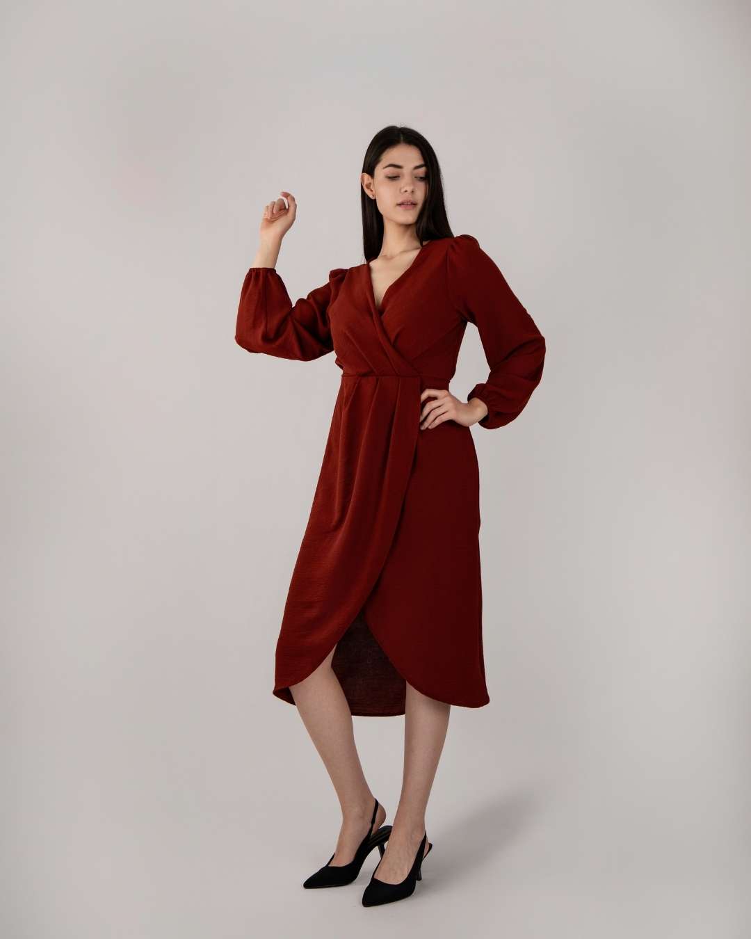 Vestido Largo Color Sólido, Manga Larga