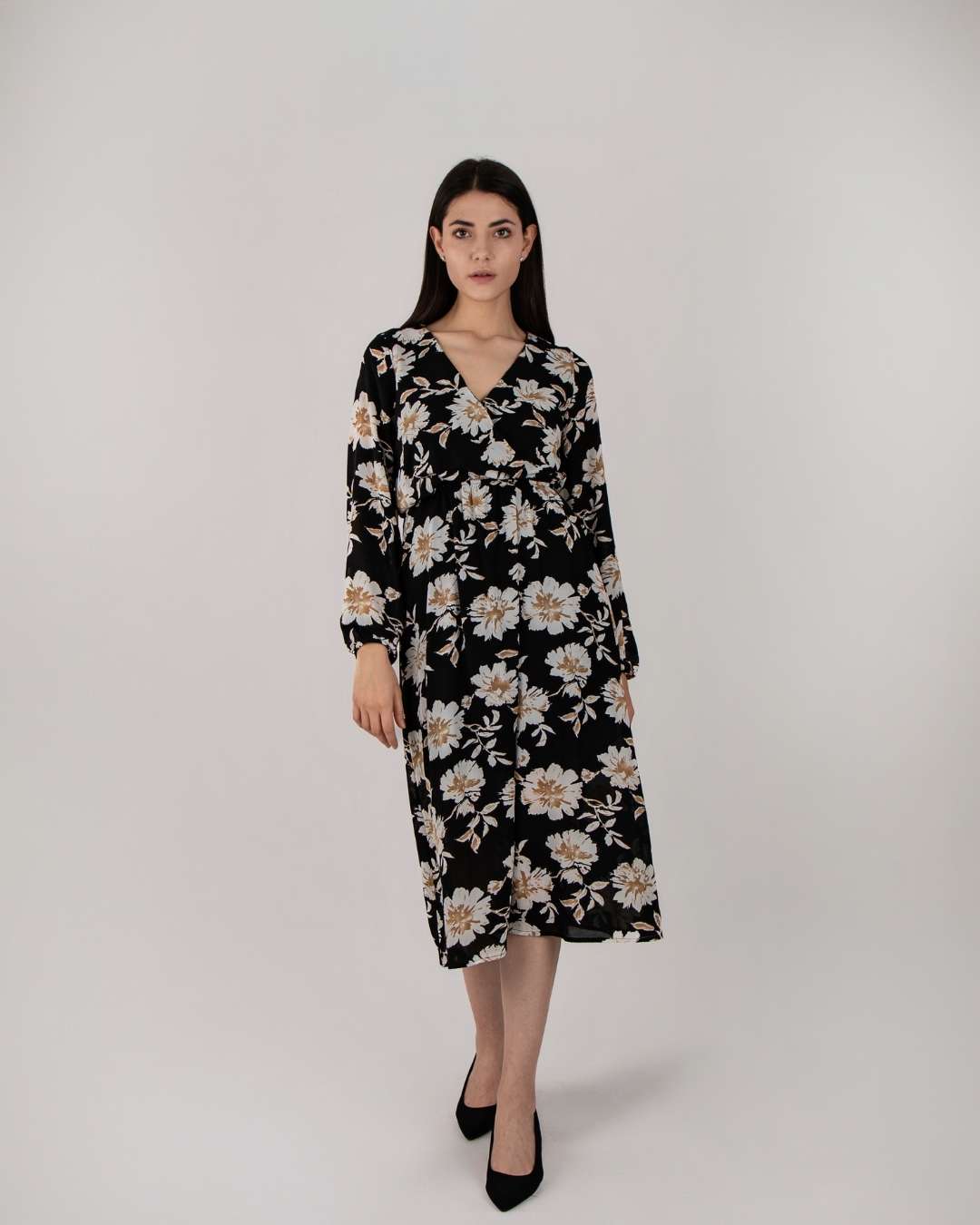 Vestido Largo, Estampado Floral Colores Neutros, Manga Larga con Elástico