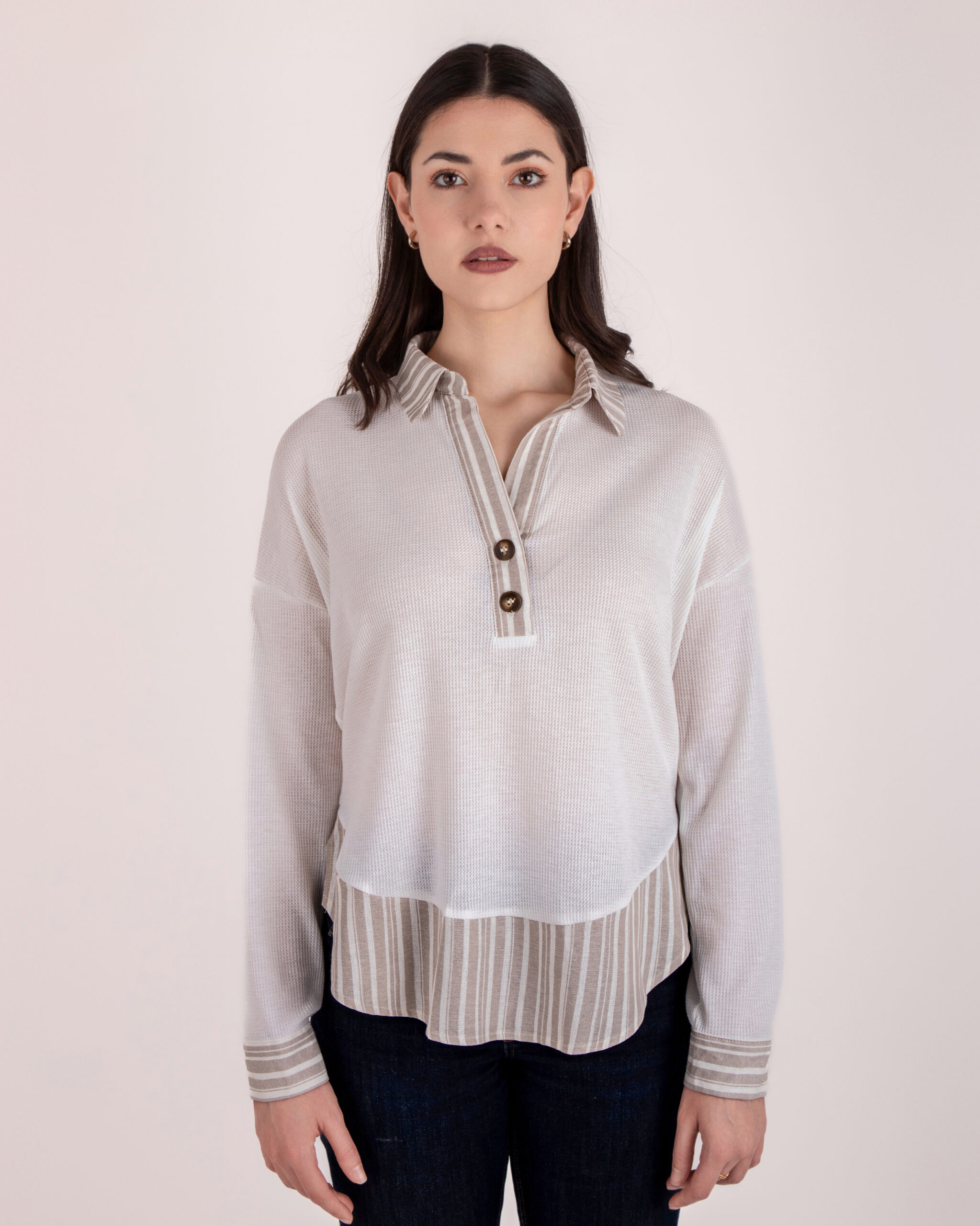 Top White Taupe Abstract, Manga Larga.